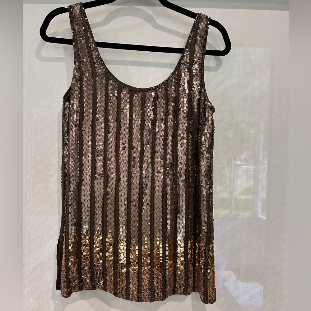 Laundry by Design Luxury 100% Silk Sequin Sleeveless Tank Size XS Olive Gold
